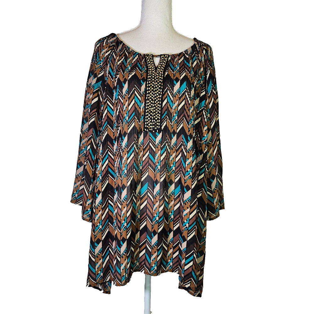Catherines Tunic Top Size 3X 26/28W Pleated Beaded Stretchy Flared Sleeve